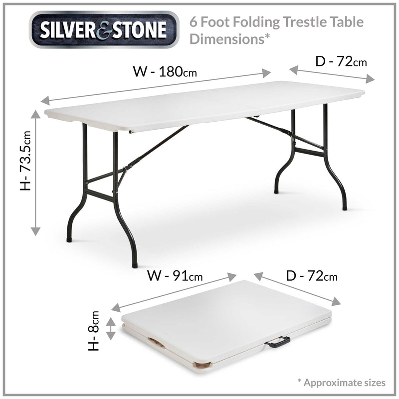 Silver & Stone Folding Camping Trestle Table 6ft 180 x 75 x 73cm - White