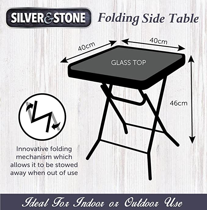 Silver & Stone Folding Glass Side Table 40 x 40 x 46cm - Black - Indoor or Outdoor