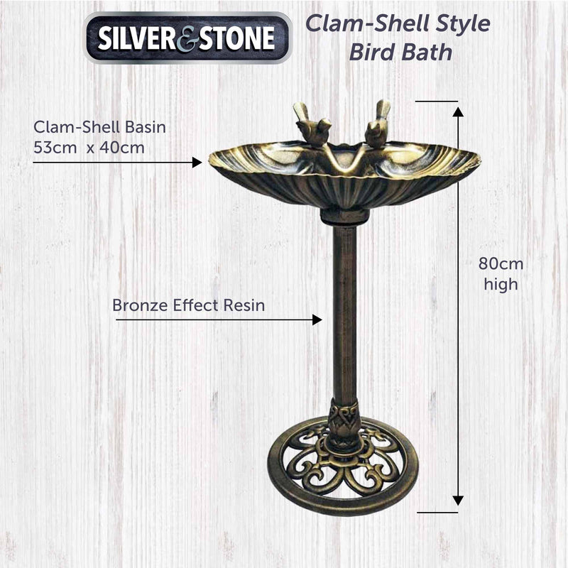 Silver & Stone Outdoor Bird Bath Clam Style 80cm - Bronze Effect