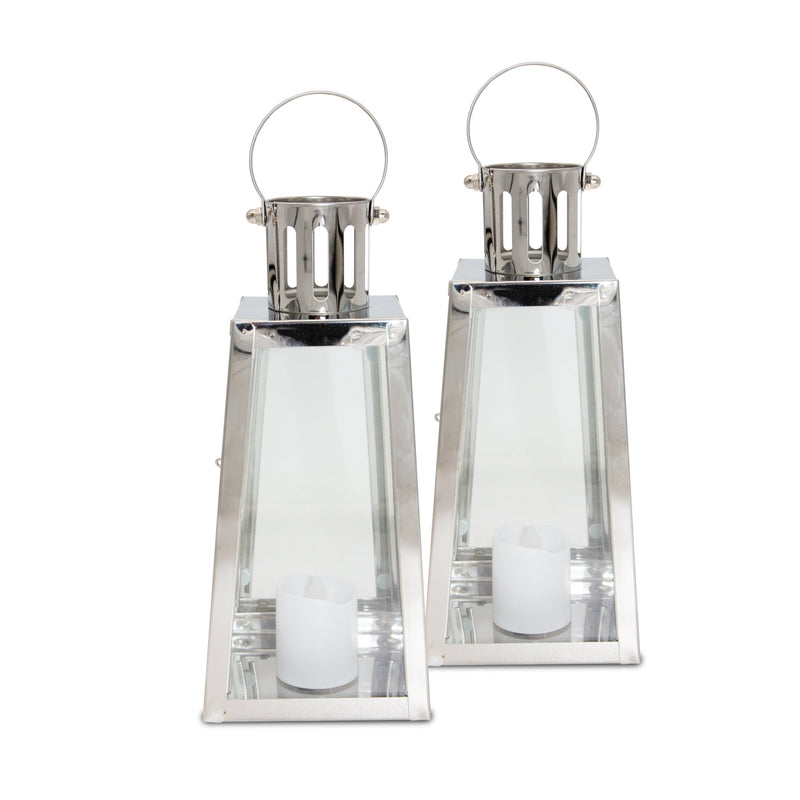 Lewis's Triangular Lanterns Candle Holders with Candles Set of 2 - 10.5x10x12cm