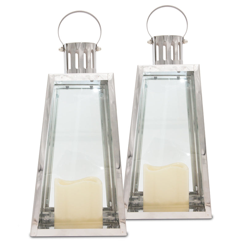 Lewis's Triangular Lanterns Candle Holders with Candles Set of 2 - 14.5x13.5x28.5cm