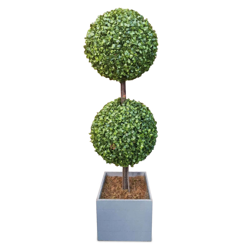 Silver & Stone Artificial Double Buxus Boxwood Ball Tree Wooden Effect Grey Planter 89cmH