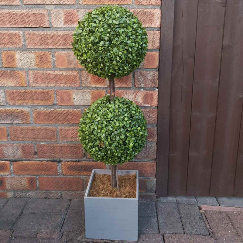 Silver & Stone Artificial Double Buxus Boxwood Ball Tree Wooden Effect Grey Planter 89cmH