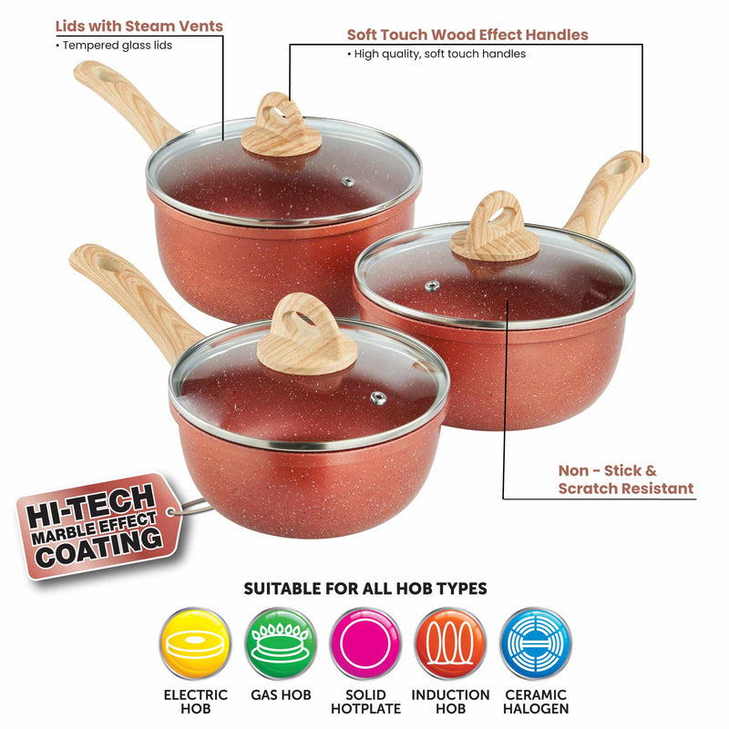 Lewis's Sovereign Stone Copper 3 Piece Sauce Pan Set with Soft Touch Handle