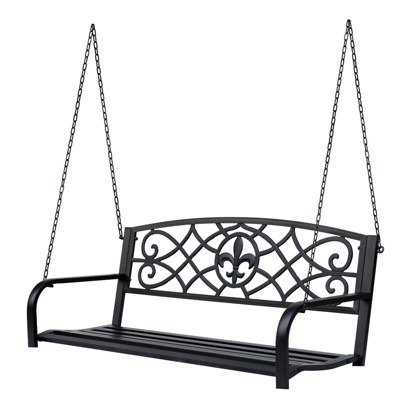 Outsunny Outdoor Steel Fleur-De-Lis Porch Swing Garden Hanging Bench Black