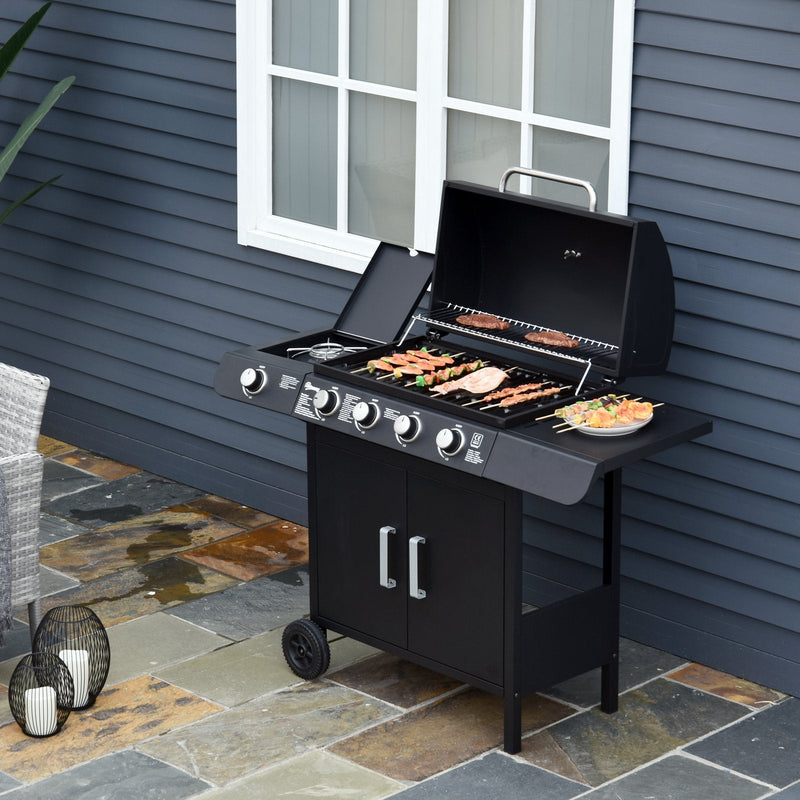 Outsunny 4+1 Gas Burner Grill BBQ Trolley Backyard Garden Smoker Side Burner Barbecue w/ Storage Side Table Wheels