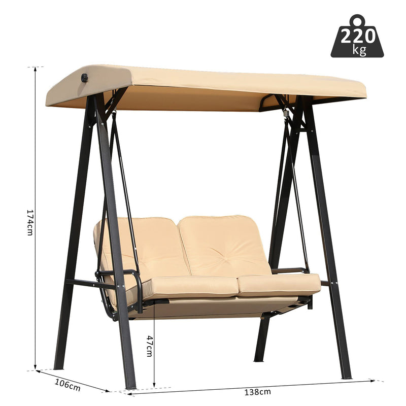 Outsunny 2 Seater Garden Outdoor Swing Chair Lounger Hammock Bench w/ Steel Frame Cushions Adjustable Tilting Canopy Patio Beige