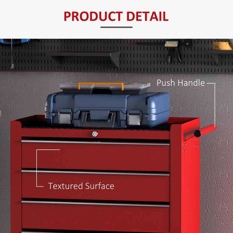 HOMCOM Tool Trolley with 5 Drawers Steel Tool Chest on Wheels with Handle Red