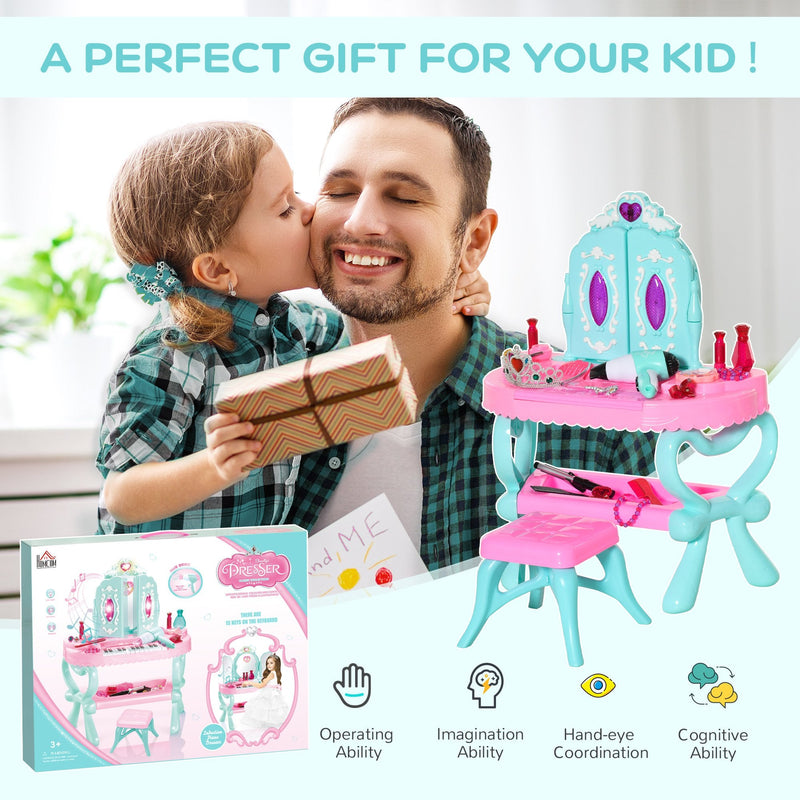 HOMCOM Children's 32 Pcs Magic Light-Up Princess Dressing Table & Stool