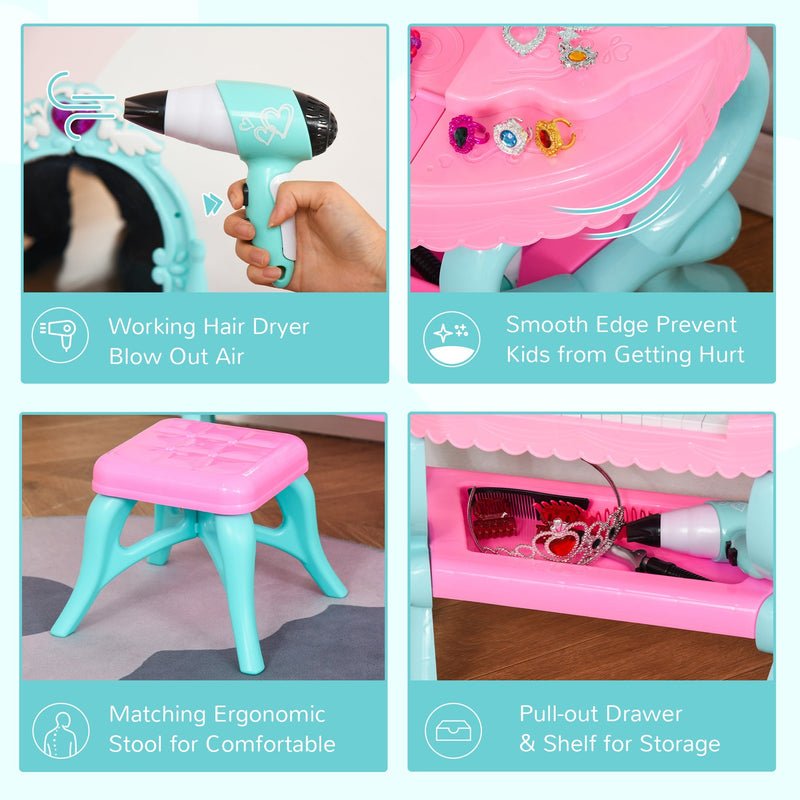 HOMCOM Children's 32 Pcs Magic Light-Up Princess Dressing Table & Stool
