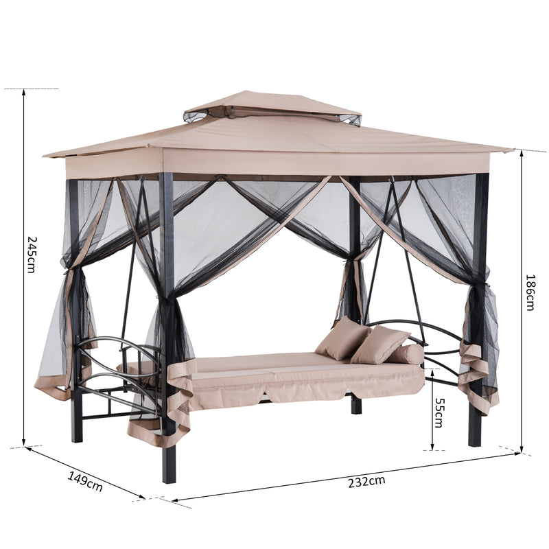 Outsunny 3 Seater Swing Chair 3-in-1 Convertible Garden Swing Seat Bed Gazebo Patio Bench Outdoor with Double Tier Canopy, Cushioned Seat, Mesh Sidewalls, Beige