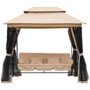 Outsunny 3 Seater Swing Chair 3-in-1 Convertible Garden Swing Seat Bed Gazebo Patio Bench Outdoor with Double Tier Canopy, Cushioned Seat, Mesh Sidewalls, Beige