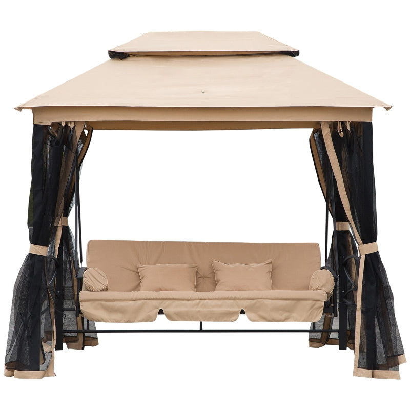 Outsunny 3 Seater Swing Chair 3-in-1 Convertible Garden Swing Seat Bed Gazebo Patio Bench Outdoor with Double Tier Canopy, Cushioned Seat, Mesh Sidewalls, Beige