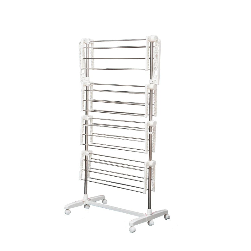 4 Layers Folding Cloth Hanger Stand Rail Adjustable Garment Rack W/Wheels-White/Silver