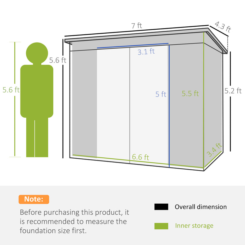 Outsunny 7 x 4ft Metal Garden Storage Shed w/ Double Door & Ventilation Grey