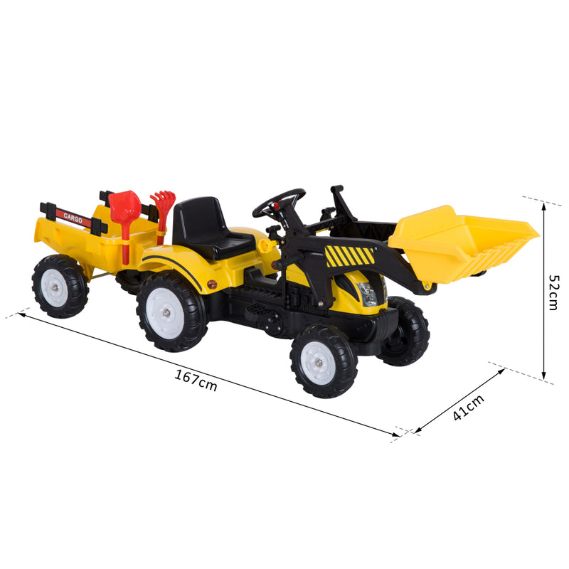 HOMCOM Kids Excavator with Pedals and Trailer - Yellow