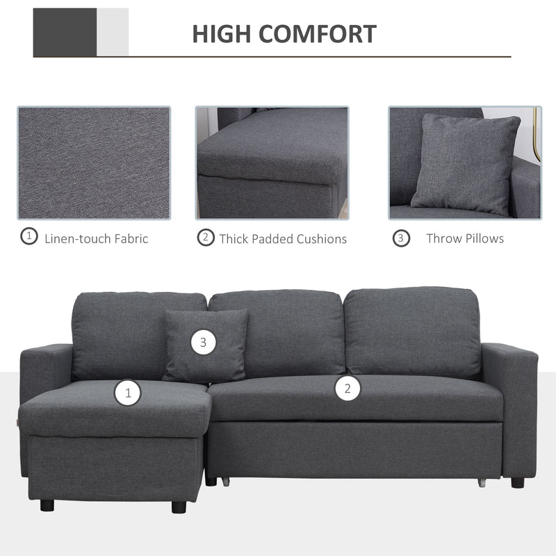 HOMCOM 3 Seater L Couches for Living Room with Storage Chaise Lounge Grey