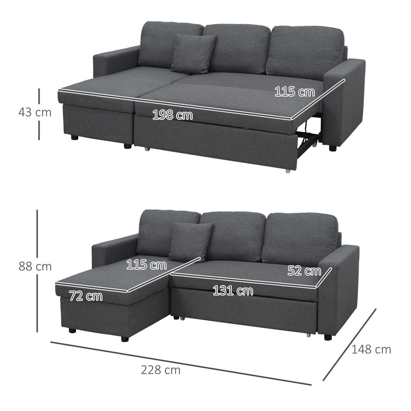 HOMCOM 3 Seater L Couches for Living Room with Storage Chaise Lounge Grey