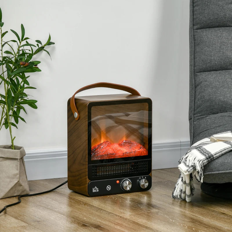 HOMCOM Tabletop Electric Fireplace with Handlle - Dark Walnut