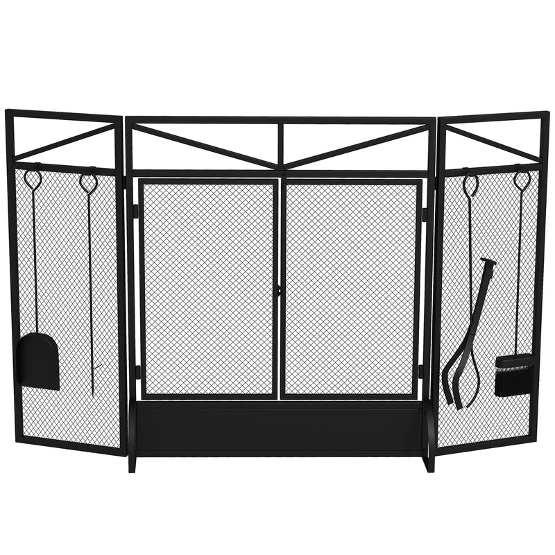 HOMCOM 3 Panel Folding Fire Guard Screen with Fireplace Tool Sets and Front Doors, Freestanding Fire Screen Spark Guard with Feet for Open Fire, Log Burner, Fireplace, 122 x77 cm, Black