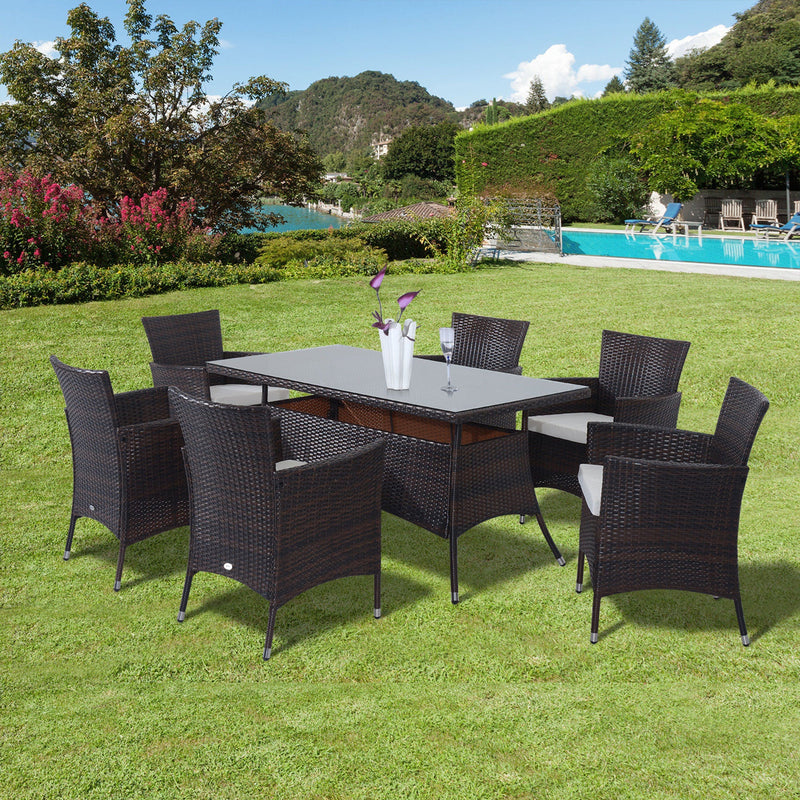 Outsunny Rattan Garden Furniture Dining Set 6-seater Patio Rectangular Table Cube Chairs Outdoor Fire Retardant Sponge Brown