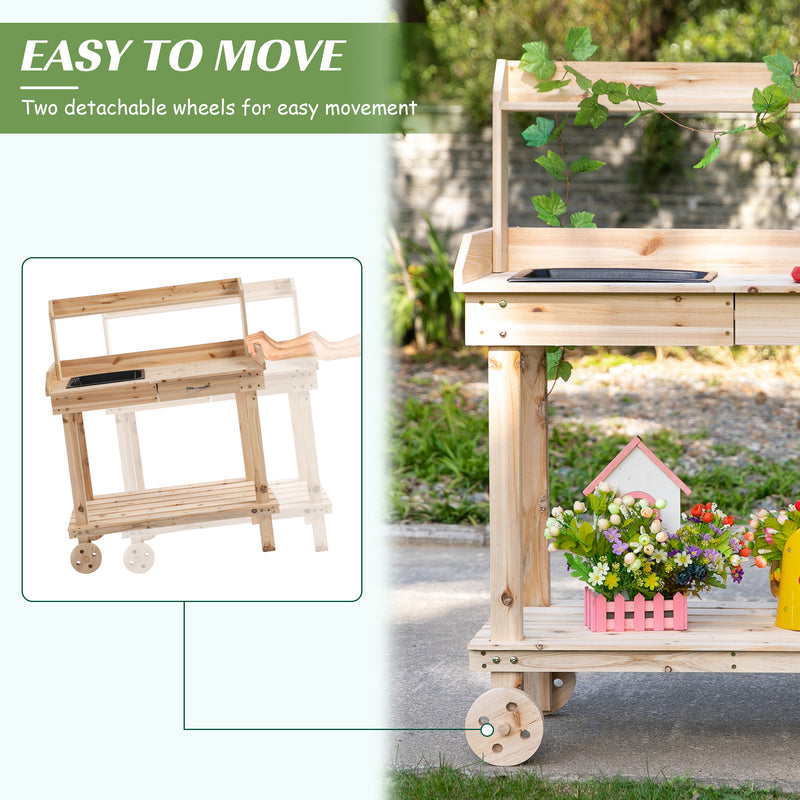 Outsunny Wooden Potting Bench Work Table with 2 Removable Wheels, Sink, Drawer & Large Storage Spaces, 92x45x119cm