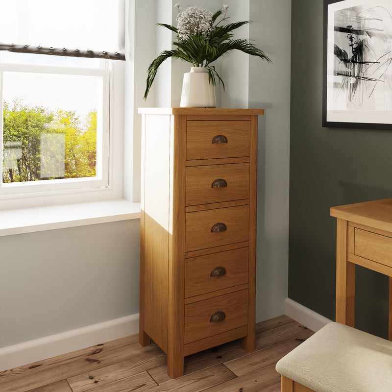 Hemsworth Rustic Oak  Chest of 5 Drawers - Narrow 50 x 36 x 115 cm