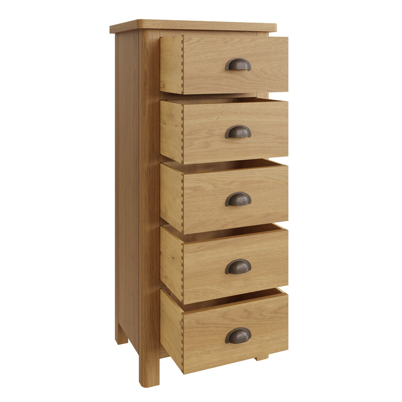 Hemsworth Rustic Oak  Chest of 5 Drawers - Narrow 50 x 36 x 115 cm