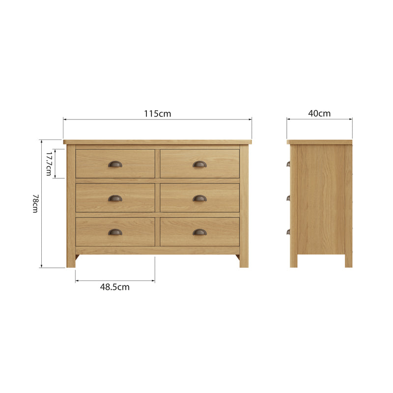 Hemsworth Rustic Oak  Chest of 6 Drawers 115 x 40 x 78 cm