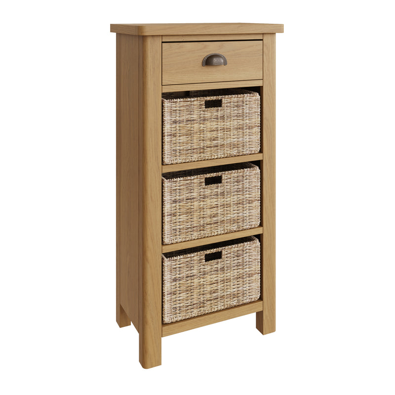 Hemsworth Rustic Oak  Cabinet 1 Drawer 3 Basket 50 x 30 x 100 cm