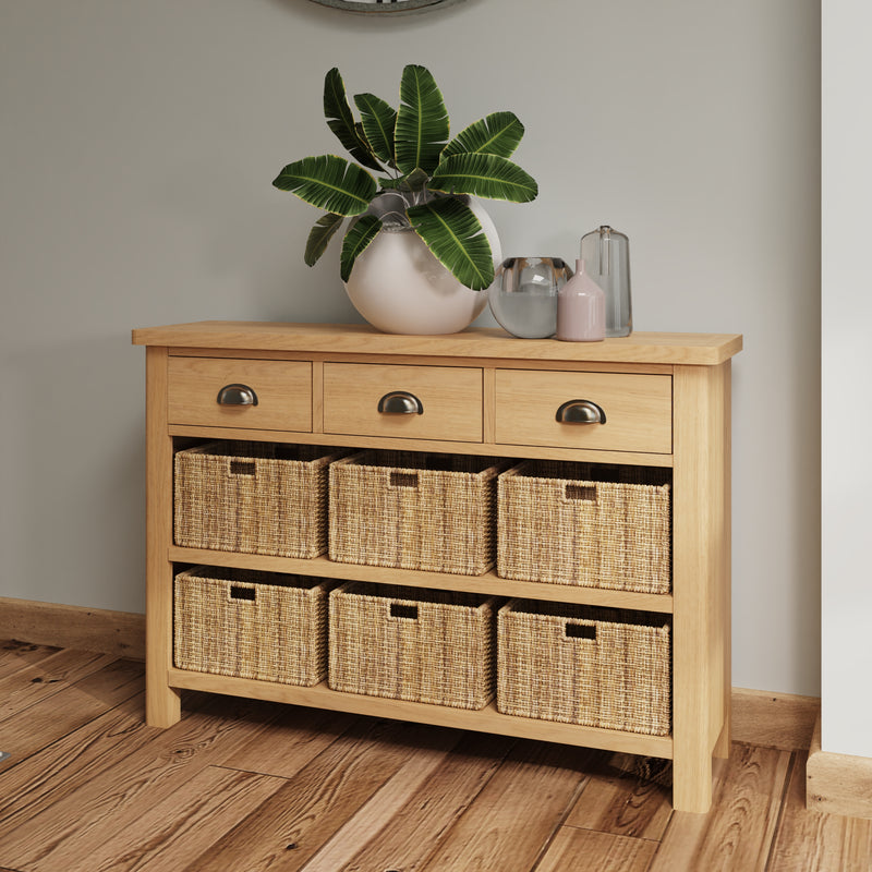 Hemsworth Rustic Oak  Storage Cabinet Unit 3 Drawer 6 Basket 110 x 30 x 75 cm