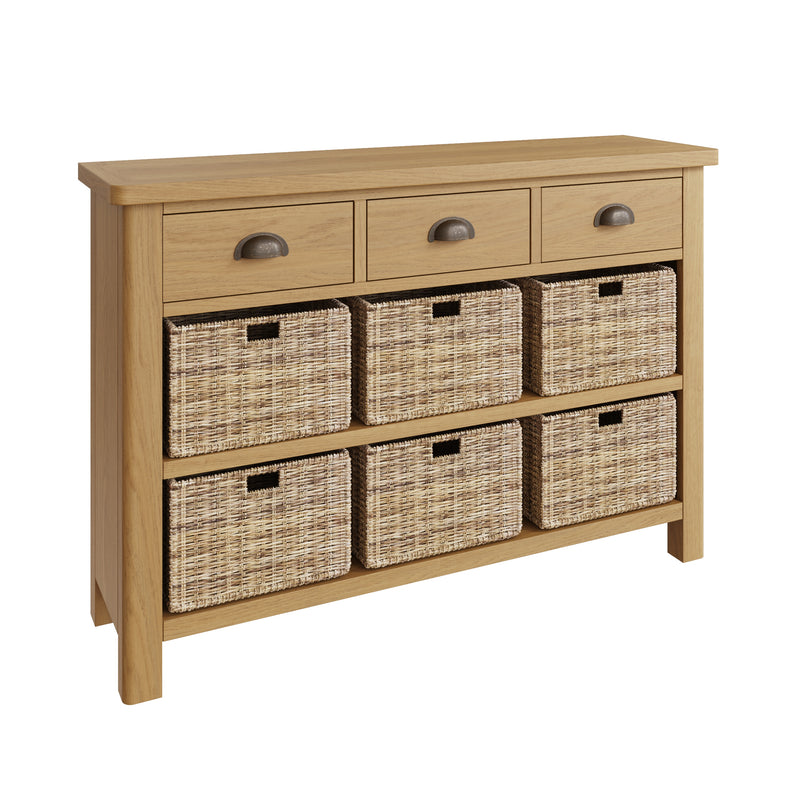 Hemsworth Rustic Oak  Storage Cabinet Unit 3 Drawer 6 Basket 110 x 30 x 75 cm