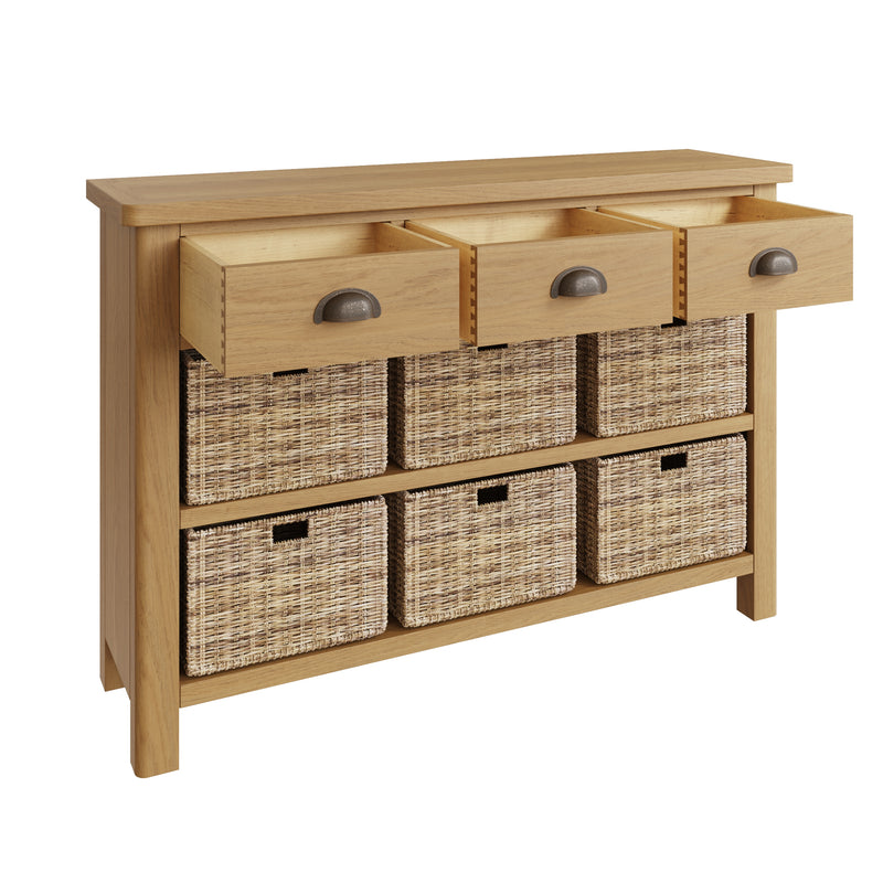 Hemsworth Rustic Oak  Storage Cabinet Unit 3 Drawer 6 Basket 110 x 30 x 75 cm