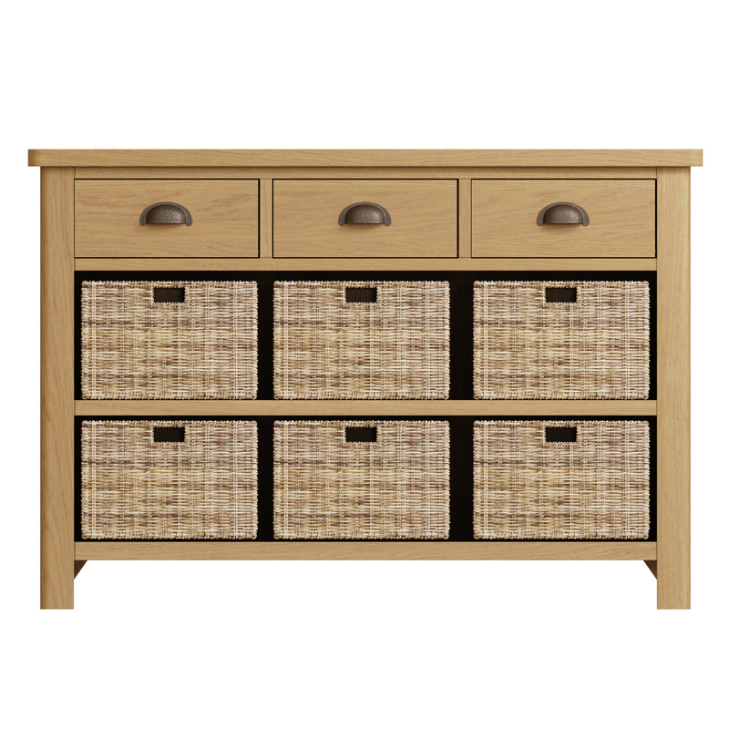 Hemsworth Rustic Oak  Storage Cabinet Unit 3 Drawer 6 Basket 110 x 30 x 75 cm