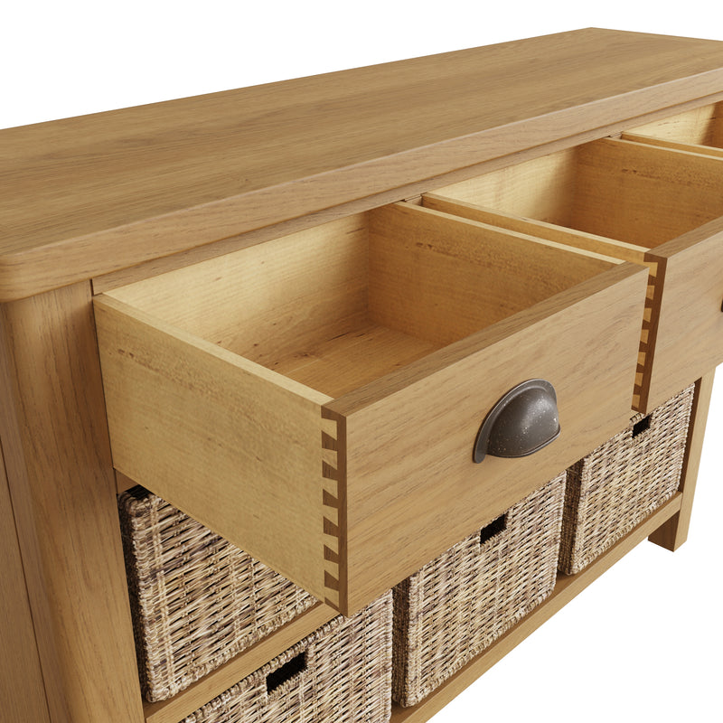 Hemsworth Rustic Oak  Storage Cabinet Unit 3 Drawer 6 Basket 110 x 30 x 75 cm