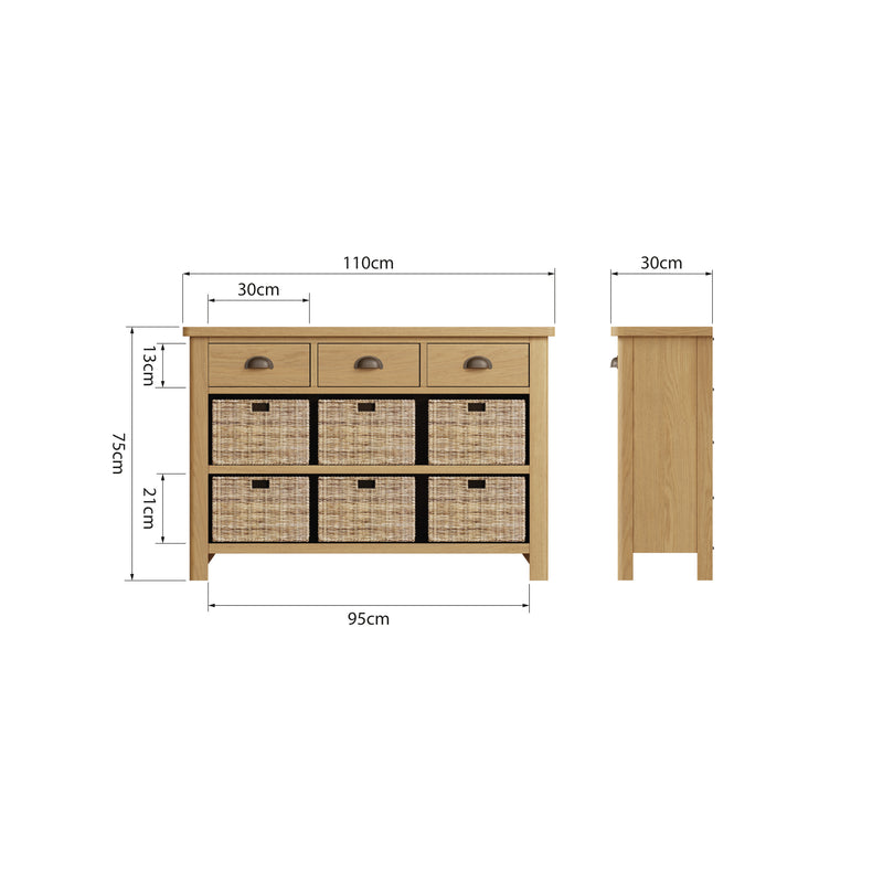 Hemsworth Rustic Oak  Storage Cabinet Unit 3 Drawer 6 Basket 110 x 30 x 75 cm