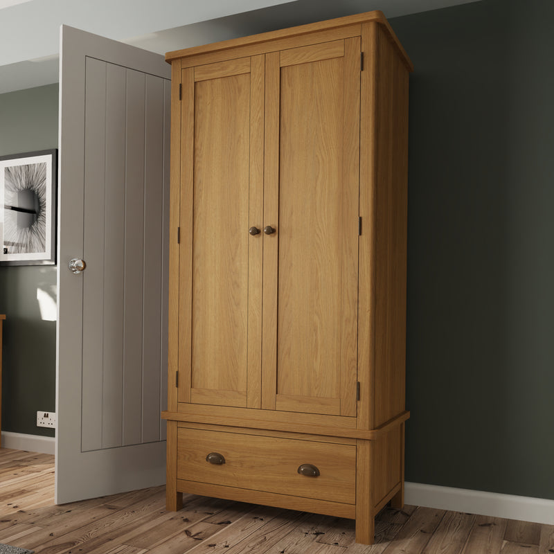 Hemsworth Rustic Oak  Wardrobe Double with Drawer 90 x 52 x 185 cm