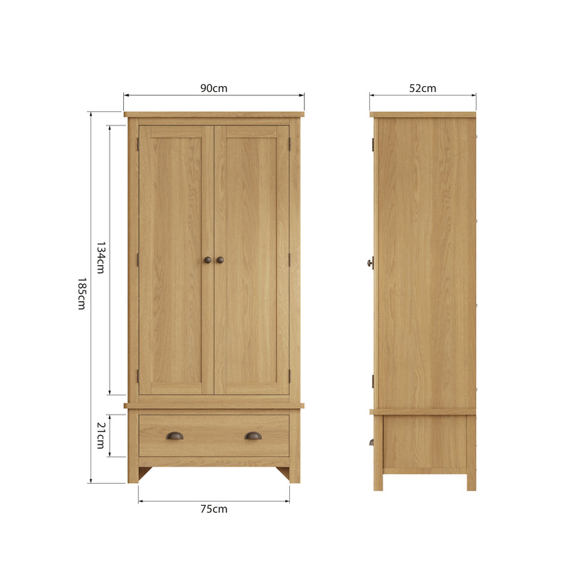 Hemsworth Rustic Oak  Wardrobe Double with Drawer 90 x 52 x 185 cm