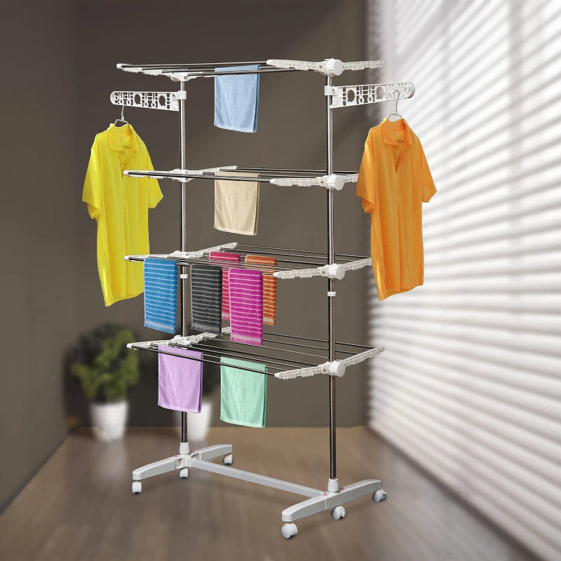 4 Layers Folding Cloth Hanger Stand Rail Adjustable Garment Rack W/Wheels-White/Silver