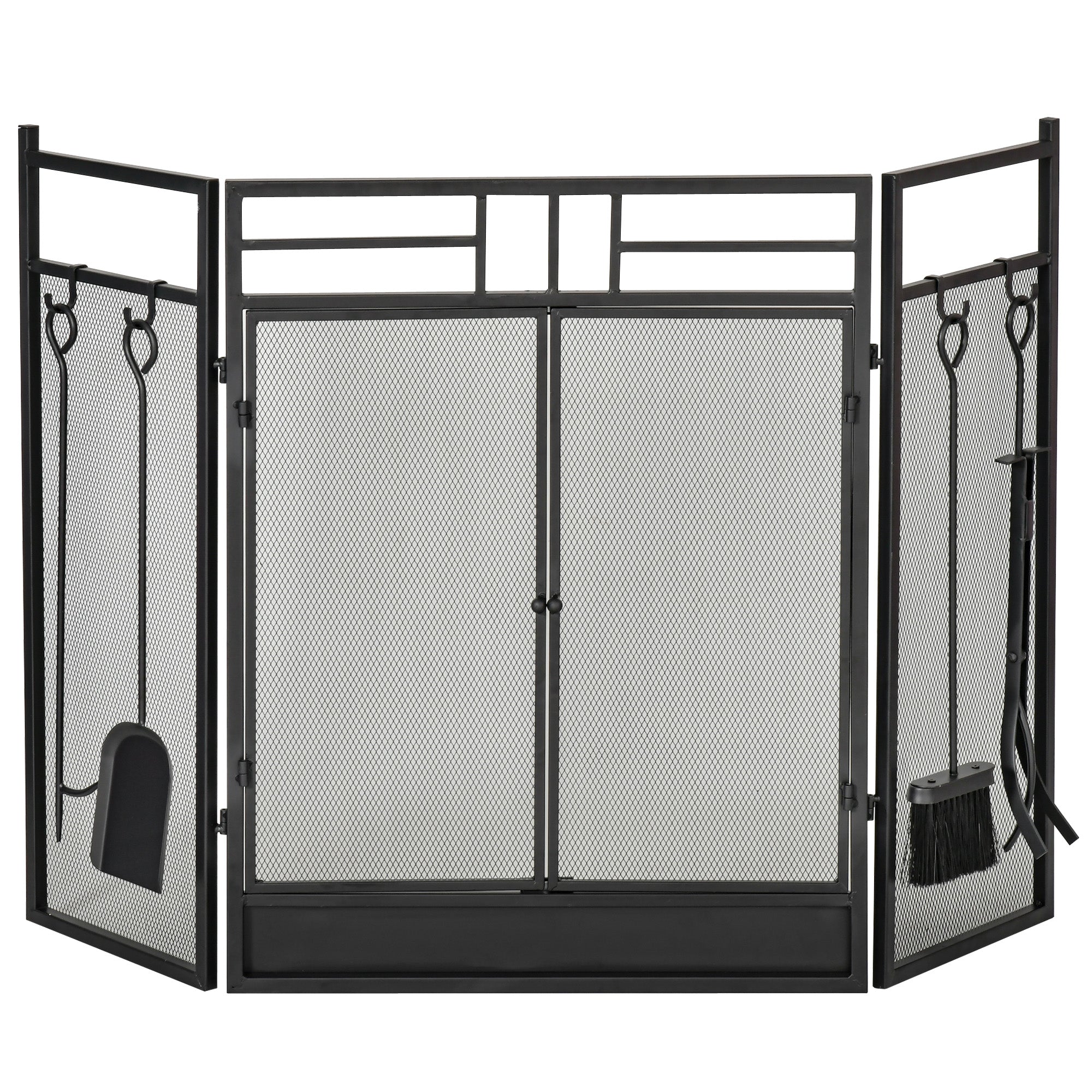 HOMCOM 3 Panel Folding Fire Screen with Double Door Fireplace Tool Acc