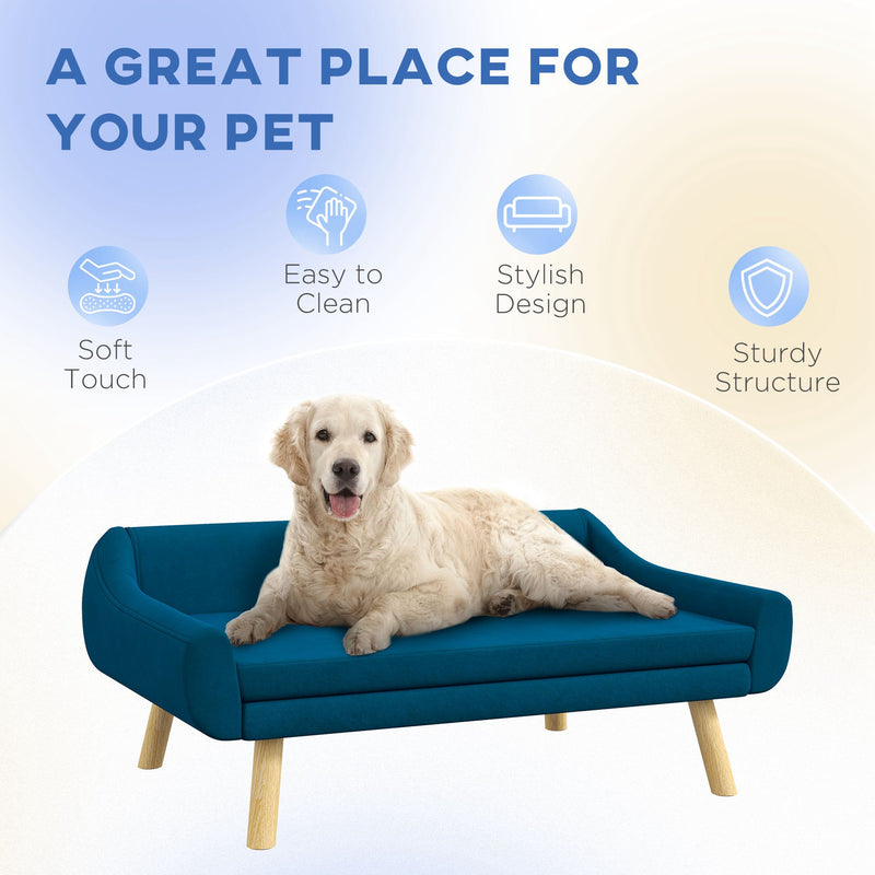 PawHut Dog Sofa Bed Raised Couch with Wooden Frame and Soft Cushion, Blue