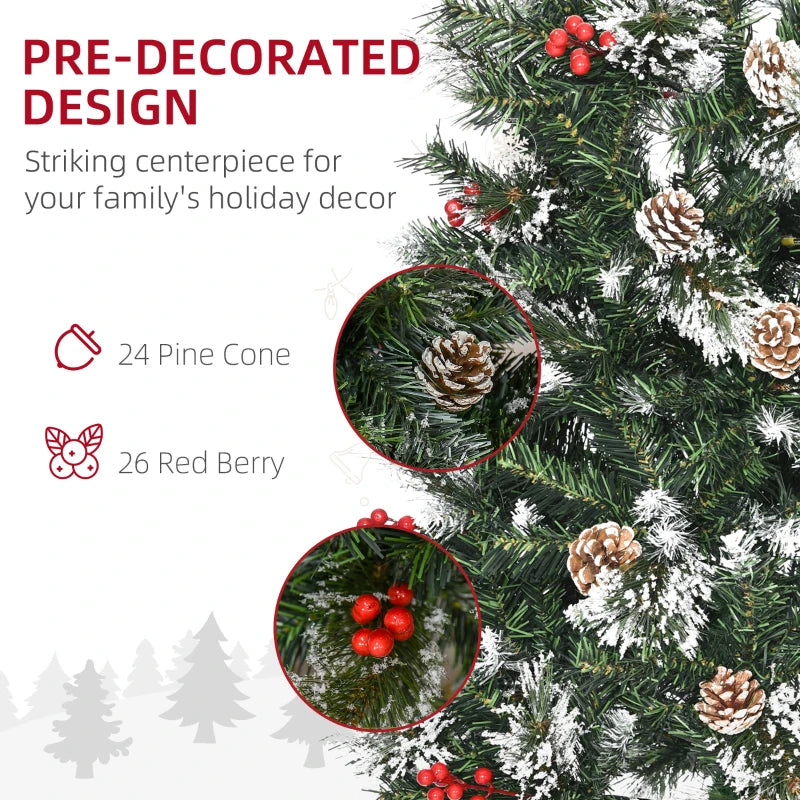 HOMCOM Christmas Tree Snow Dipped Slim 5' with Pine Cones & Berries