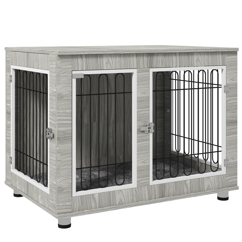 PawHut Dog Crate Furniture, Dog Crate End Table w/ Soft Cushion, Double Door