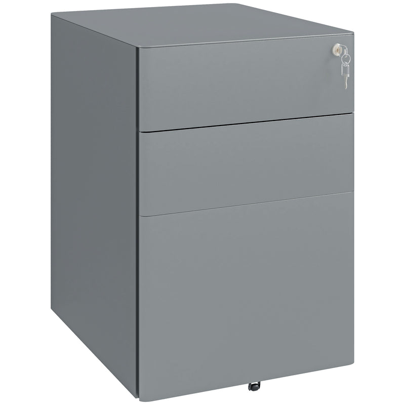 Vinsetto 3 Drawer Metal Filing Cabinet Lockable 5 Wheels Compact Under Desk Grey