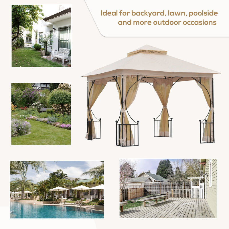 Outsunny 3 x 3(m) Garden Gazebo Patio Party Tent Shelter Outdoor Canopy Double Tier Sun Shade Metal Frame Netting Beigee