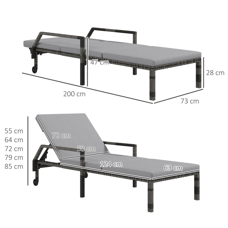 Outsunny Rattan Wicker Chaise Sun Lounger Garden w/ Adjustable Backrest & Wheels