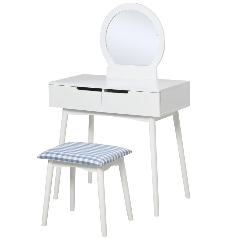 2 Piece Modern Vanity Table Set, Makeup Table with Padded Stool, 2 Large Drawers, Round Mirror, White Make Up Mirror