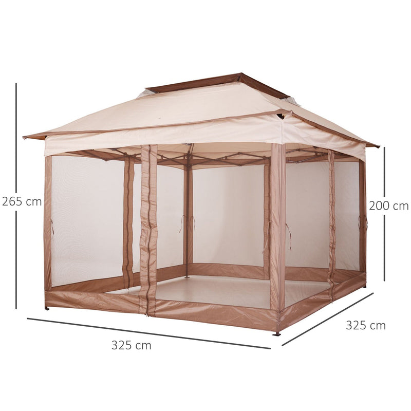 Outsunny 3 x 3(m) Pop Up Gazebo with Netting and Carry Bag, Party Tent Event Shelter for Garden, Patio - Khaki