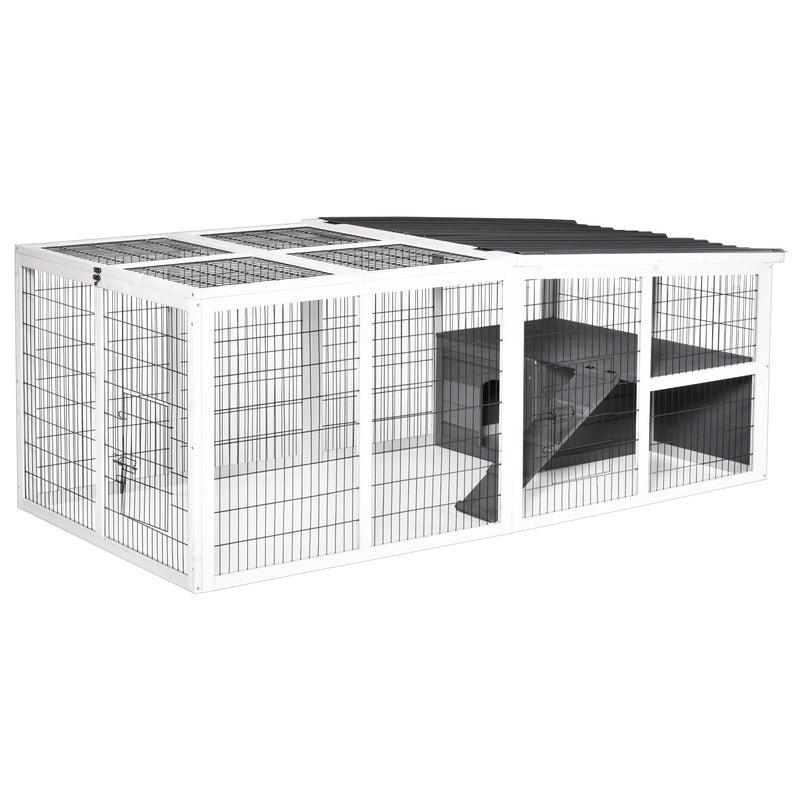 PawHut Rabbit Hutch Wooden Animal Cage Pet Run Cover with Hinge Roof, Grey