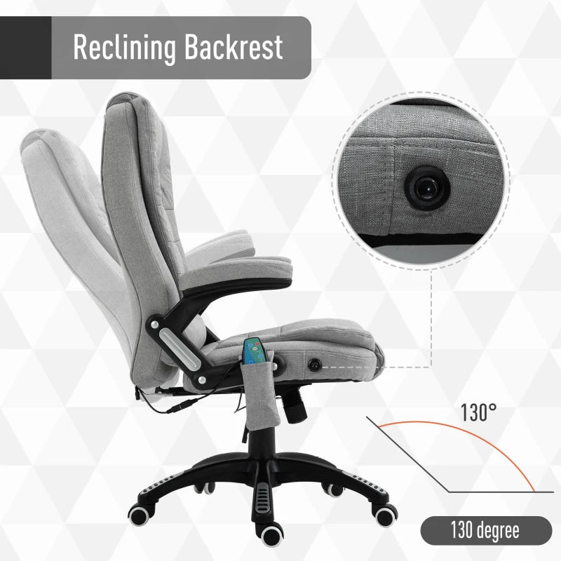 Vinsetto Heated Massage Recliner Office Chair Ergonomic Gaming Heated Home Office Padded  Linen-Feel Fabric & Swivel Base Light Grey Executive Reclining w/ Heating Points Relaxing Headrest